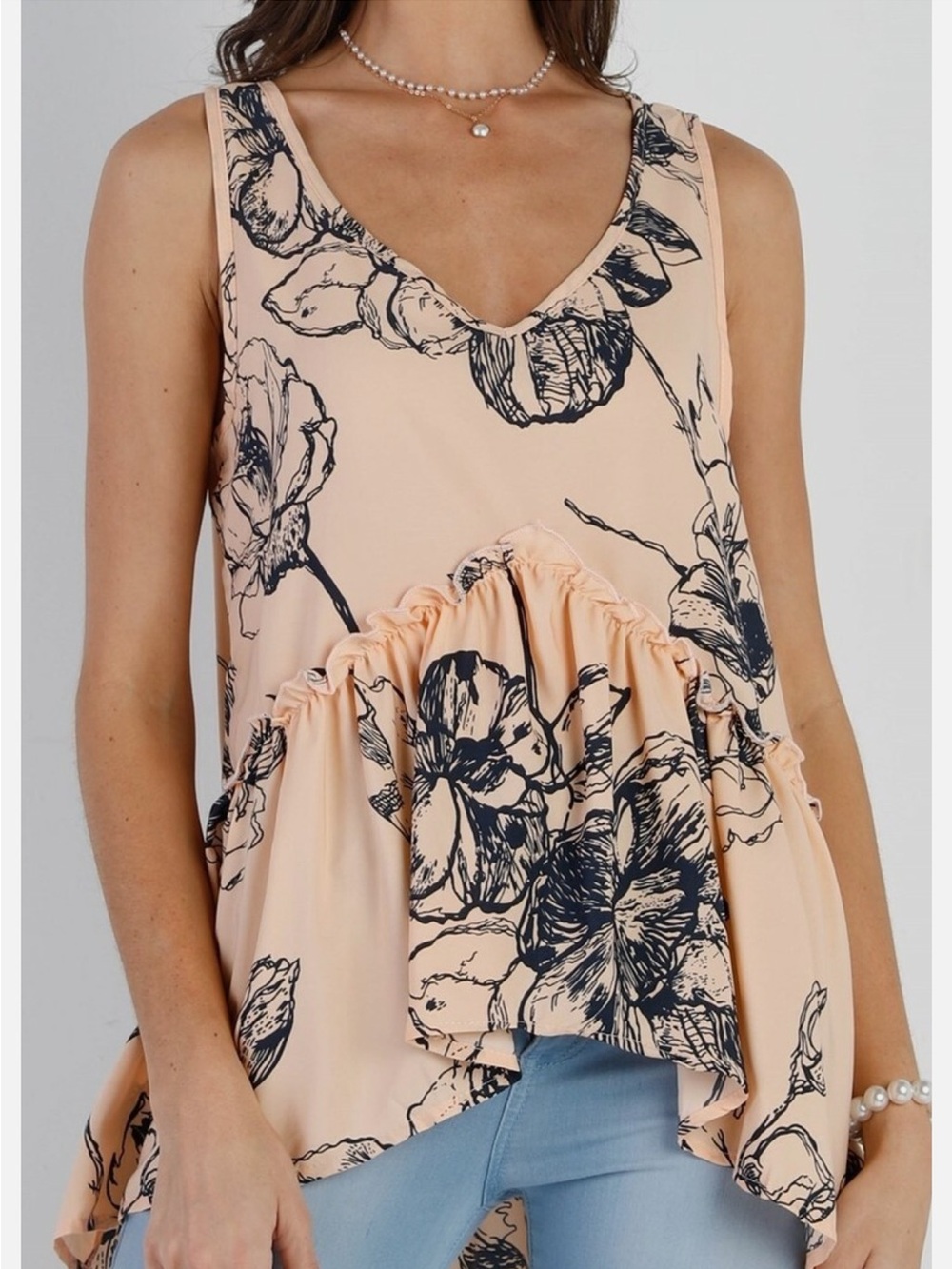 Sleeveless Peach Floral V-Neck Peplum Tunic